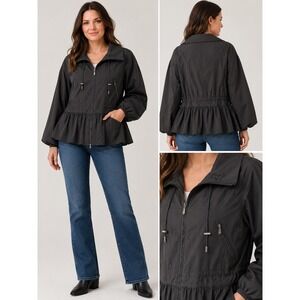 1 Madison Luxe Outerwear Black Peplum Zip Up Jacket Funnel Neck Windbreaker